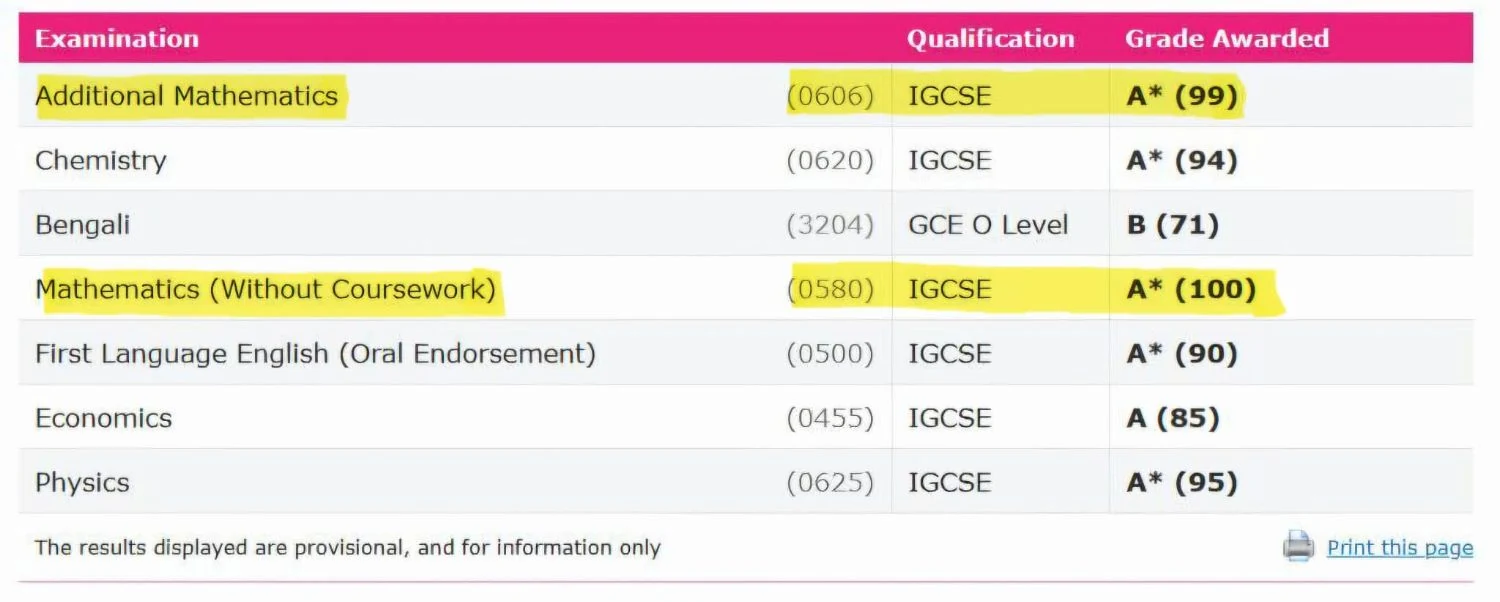 Cambridge results screen, June 2025. IGCSE Additional Mathematics A* (99) and Mathematics A* (100) are highlighted, with other IGCSE results shown.